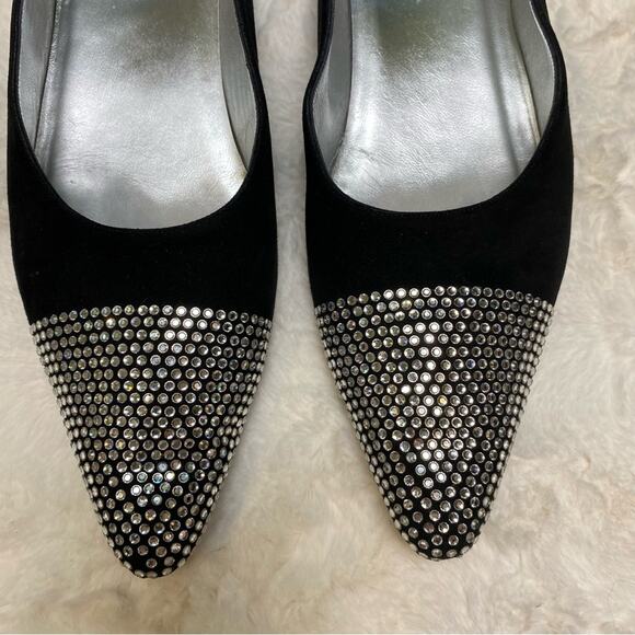 Escada Vero Cuoio Black Pointed Toe Crystal Rhinestone Velvet Flats Size 39.5 - Picture 3 of 13